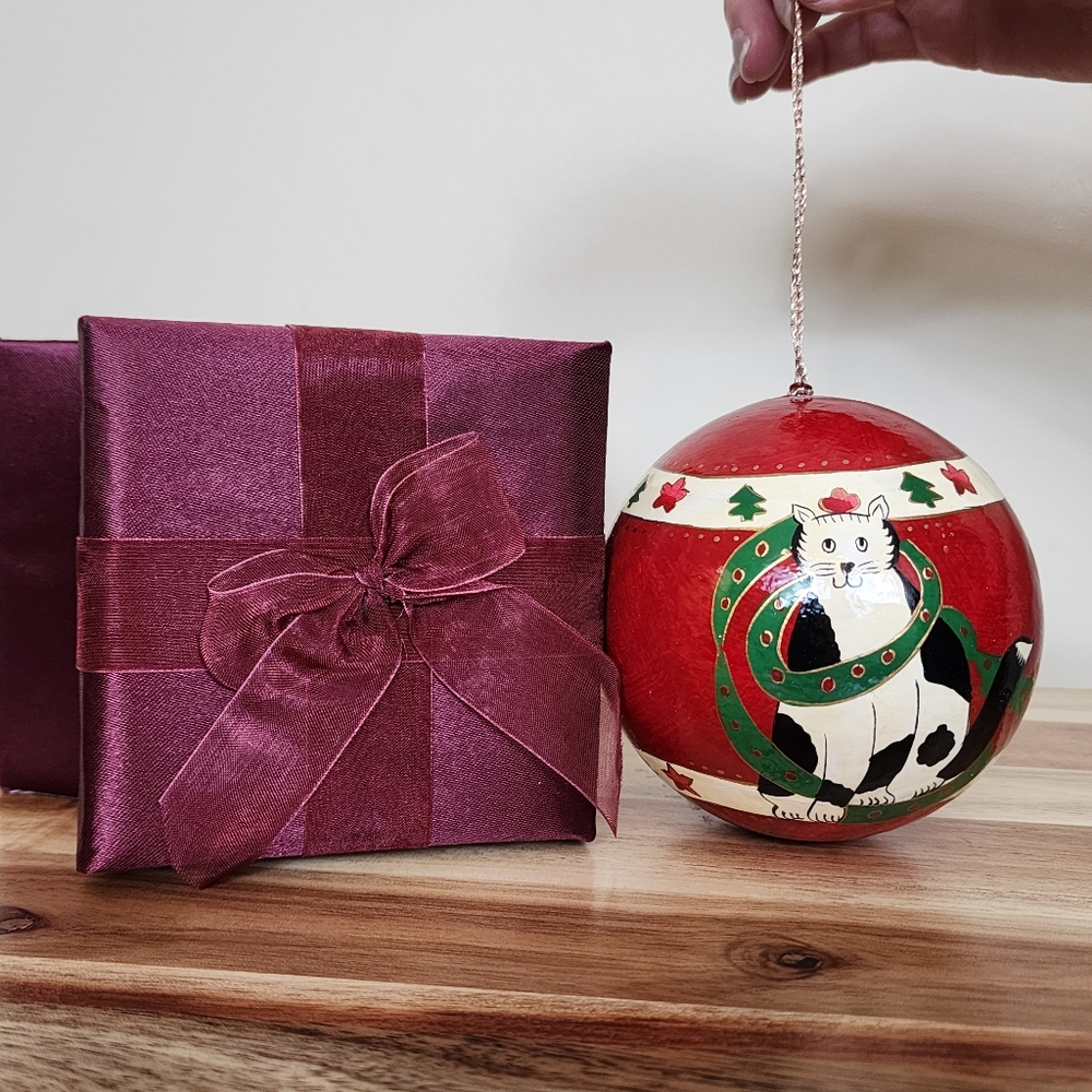 Hand Painted Paper Mache (?) Christmas Cat Ball Ornament